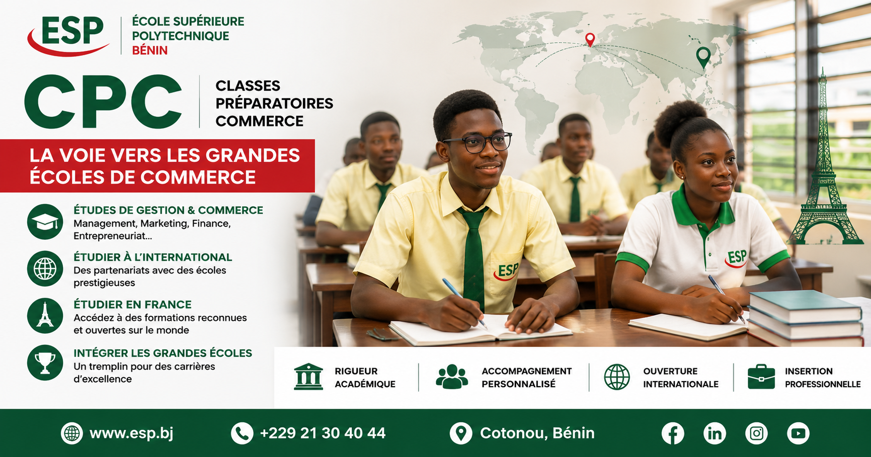 Étudiants de l’ESP Bénin en classe préparatoire CPC pour des études de gestion, commerce et une ouverture vers les grandes écoles internationales et françaises.
