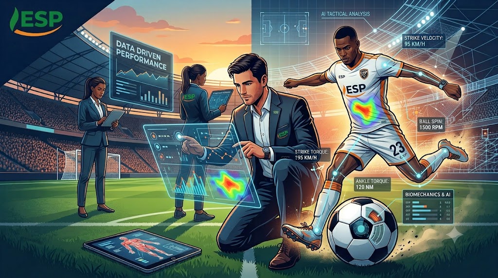 Illustration scientifique de football d'élite avec des ingénieurs analysant des données biomécaniques sur écrans tactiles et un joueur en action équipé de capteurs, incluant le logo vert ESP de la Classe Préparatoire Scientifique du Bénin.